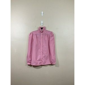 VTG Womens Button Up Shirt M Pink Retro Barbie High Neck Ruffles Granny 70s 80s